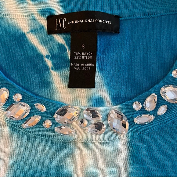 INC Women’s Turquoise Top, w/Bling Neckline 3/4 Sleeve Tie Dye Spirals; Size S - Picture 4 of 7